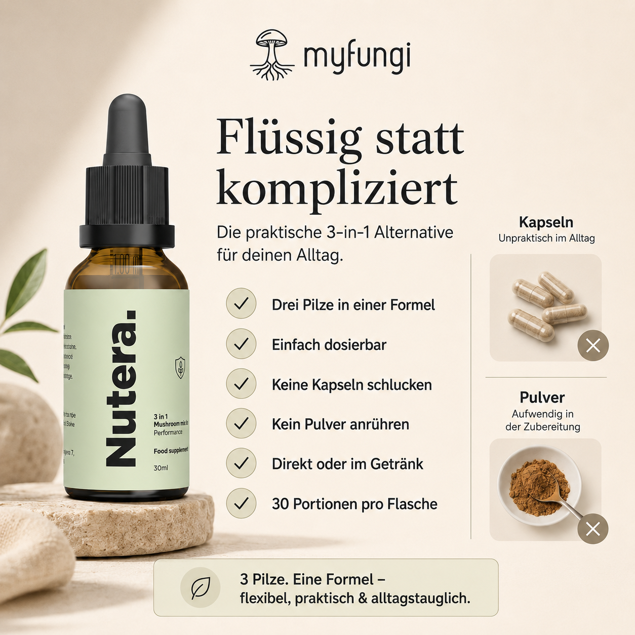 3 in 1 Vitalpilze Extrakt Vorteile gegenüber Pulver oder Kapseln