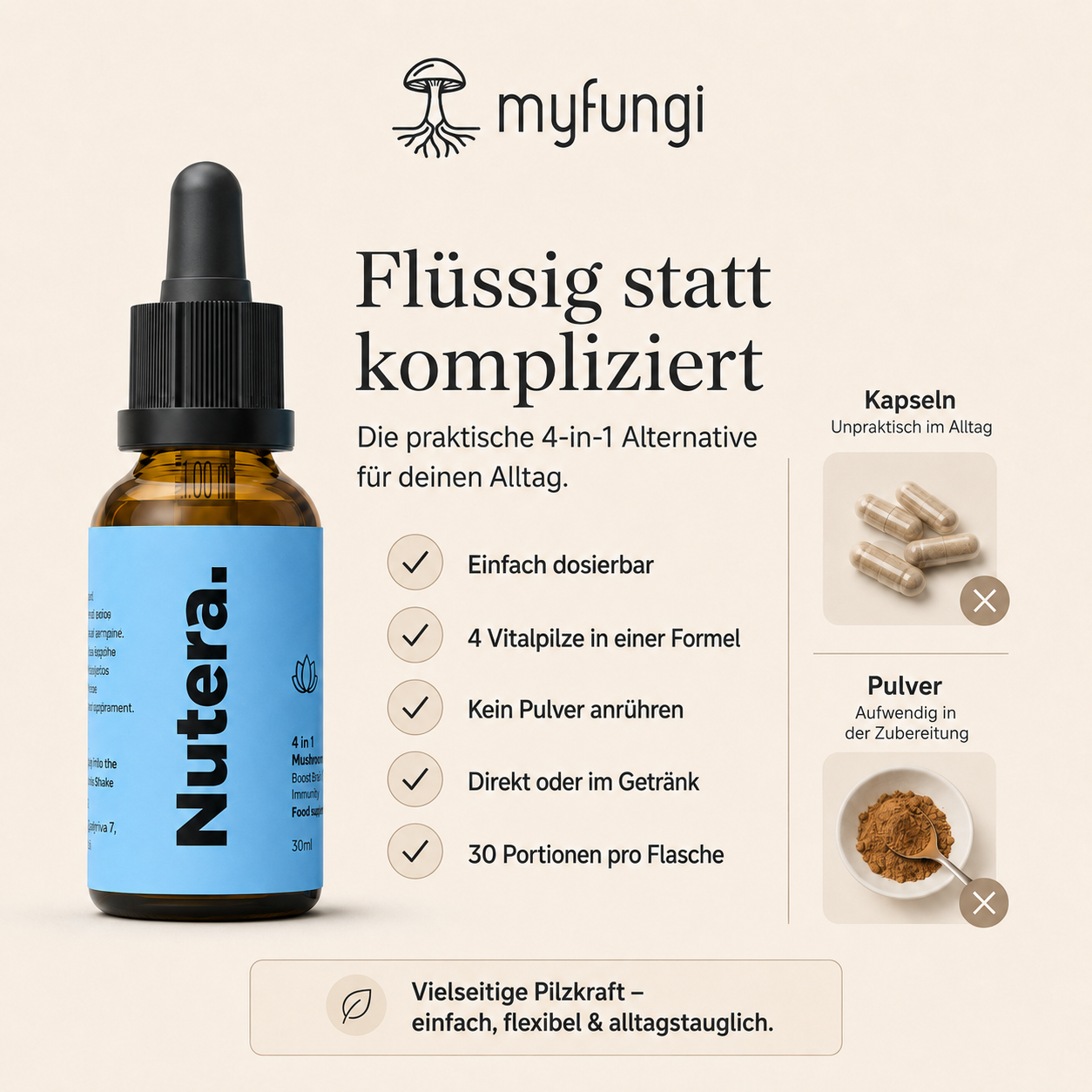 4 in 1 Vitalpilze Extrakt Vorteile gegenüber Pulver oder Kapseln