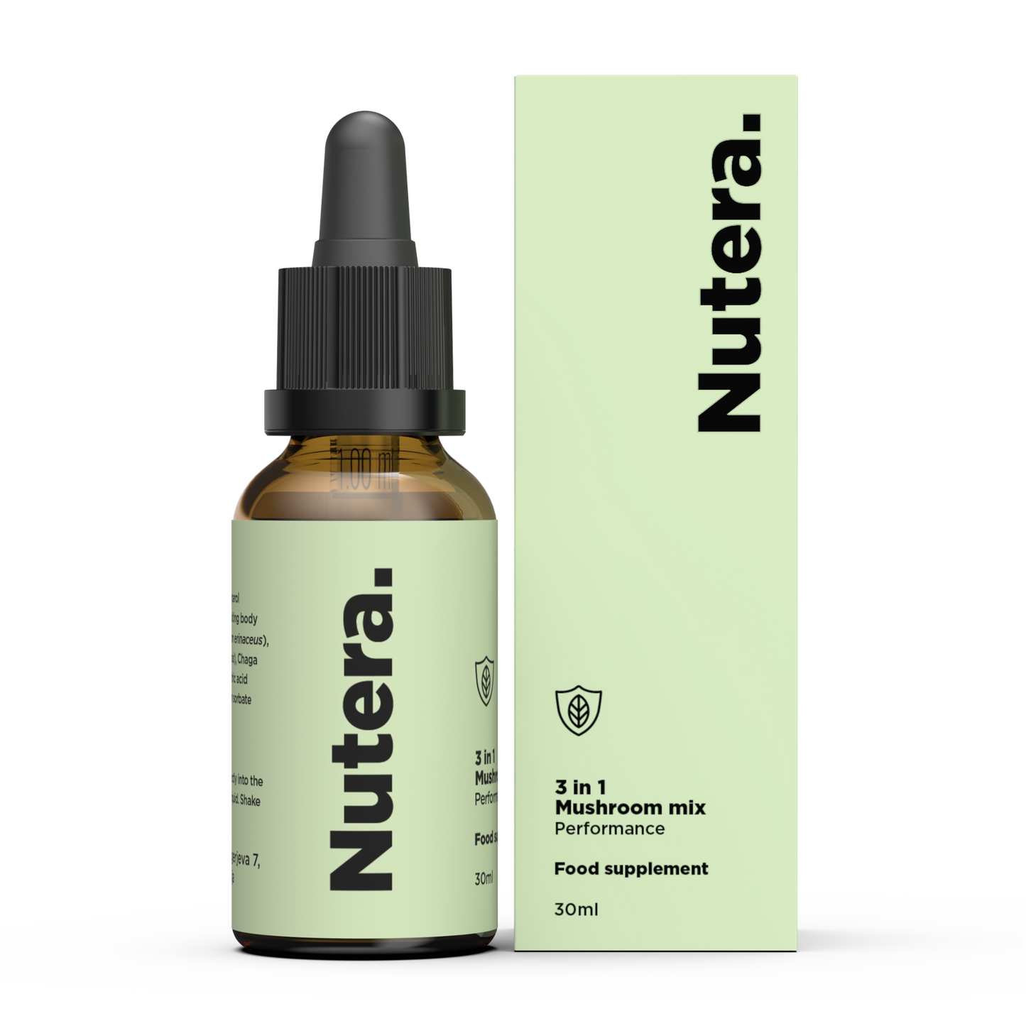 3 in 1 Vitalpilze Extrakt Nutera Flasche und Packung