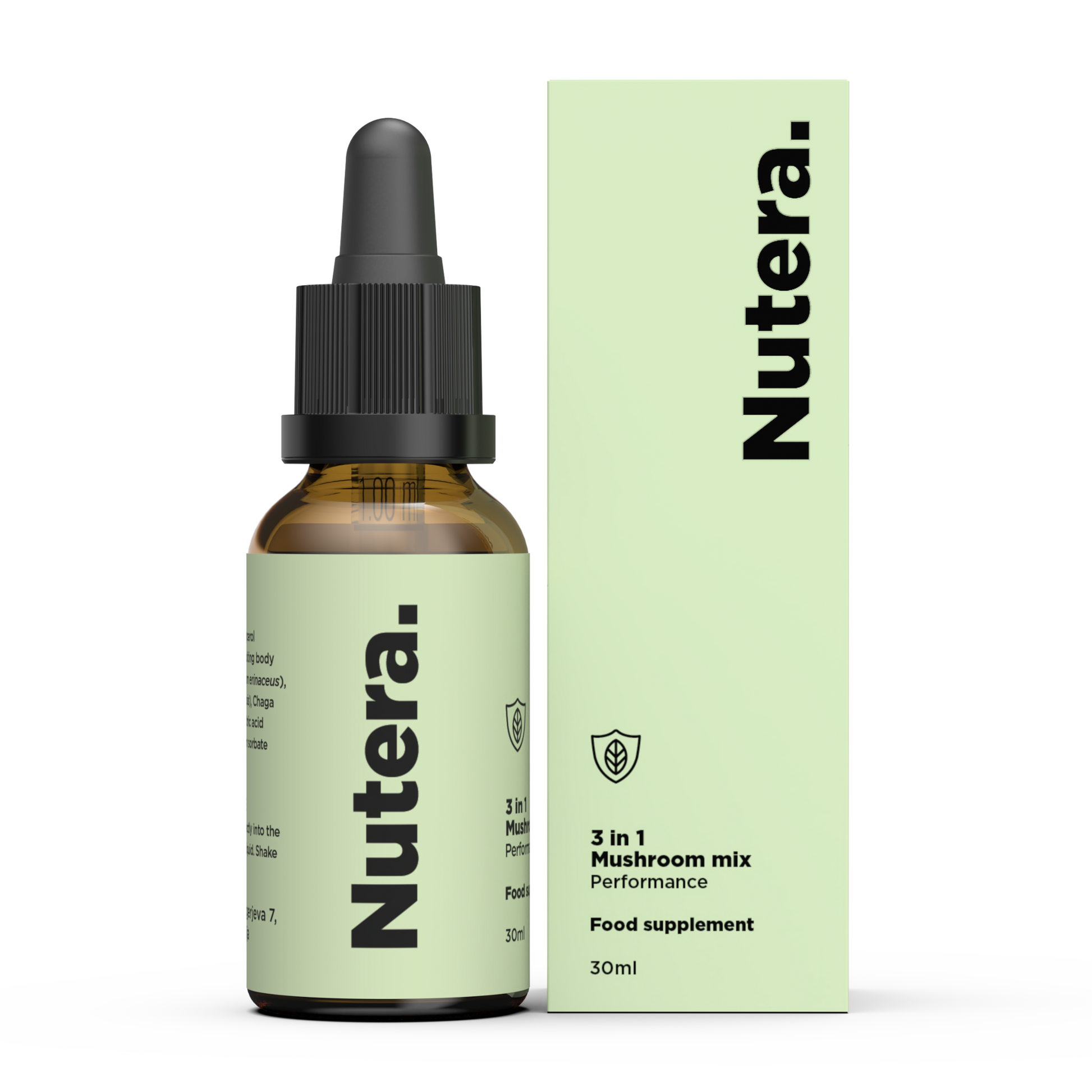 3 in 1 Vitalpilze Extrakt Nutera Flasche und Packung
