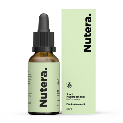 3 in 1 Vitalpilze Extrakt Nutera Flasche und Packung