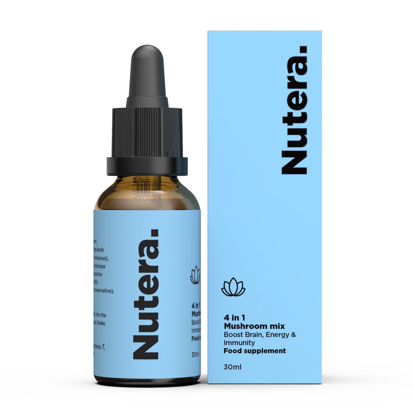 4 in 1 Vitalpilze Extrakt Nutera Flasche und Verpackung