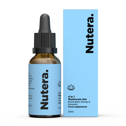 4 in 1 Vitalpilze Extrakt Nutera Flasche und Verpackung