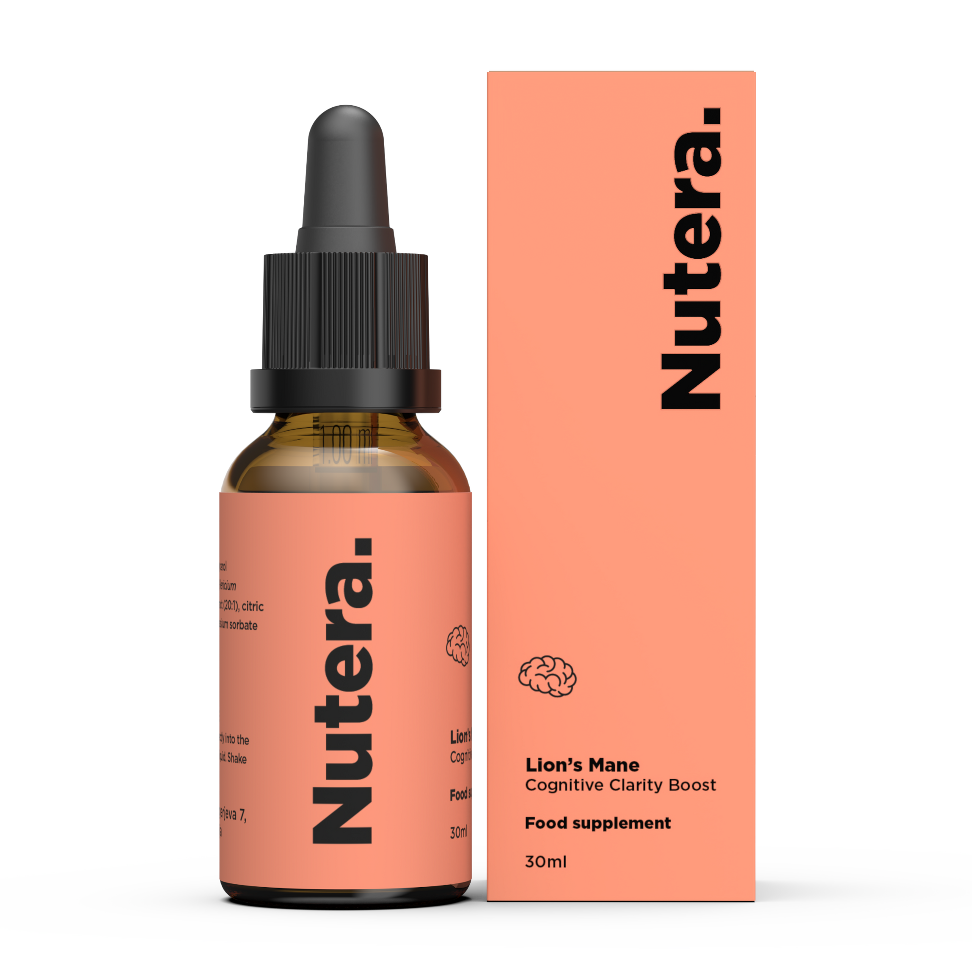 Lions Mane Extrakt Nutera Flasche und Verpackung